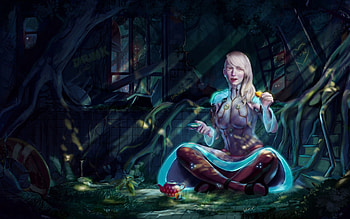 Alice enjoying some tea, blue, tea, blonde, alice, fantasy, art, girl, luminos HD wallpaper