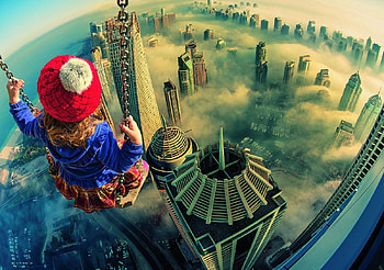 Up, city, red, swing, girl, copil, blue, view from the top, fantasy, child HD wallpaper
