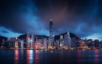 Hong Kong, International Commerce Centre, Central Plaza, evening, sunset, skyscrapers, Hong Kong cityscape, Hong Kong skyline HD wallpaper