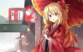 Crimson Kimono: Anime Girl Under a Snowy Umbrella, Anime, girl, anime girl HD wallpaper