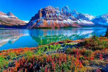 First Snowy, snowy peaks, beautiful, grass, calm water, mountain, lake, blue sky, reflection, sunny morning HD wallpaper
