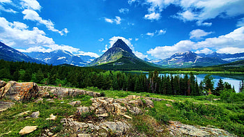 Many Glacier, Montana, clouds, trees, sky, rocks, lake, usa HD wallpaper