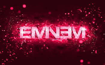 Eminem pink logo, , american rapper, pink neon lights, creative, pink abstract background, Marshall Bruce Mathers III, Eminem logo, music stars, Eminem HD wallpaper