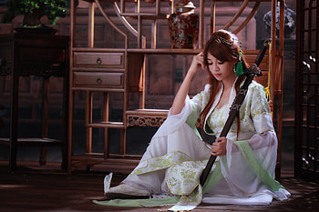 oriental girl, model, sword, white dress HD wallpaper