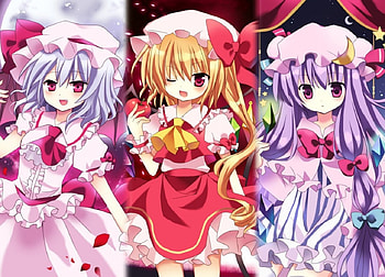 Touhou, purple hair, cute, patchouli knowledge, red eyes, blue hair, long hair, anime girls, dress, purple eyes, remilia scarlet, short hair, fruit, blonde hair, hat, flandre scarlet HD wallpaper