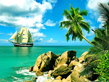 Sailing in paradise, ship, coast, tropical, nice, beach, shore, greenery, water, ocean, palms, sea, tropics, exotic, paradise, beautiful, sailboat, rocks, stones, summer, palm tree, rest, clouds, sailing, nature, sky, lovely HD wallpaper