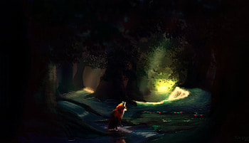 Forest, dark, stream, fox, artwork HD wallpaper