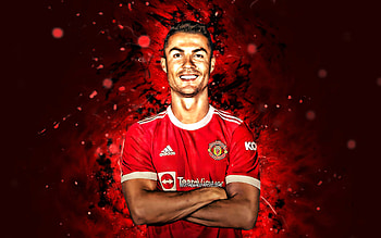 Cristiano Ronaldo Manchester United, , 2021, Premier League, CR7, portuguese footballers, soccer, Manchester United FC, Cristiano Ronaldo, CR7 Man United, football stars, red neon lights, Manchester United HD wallpaper