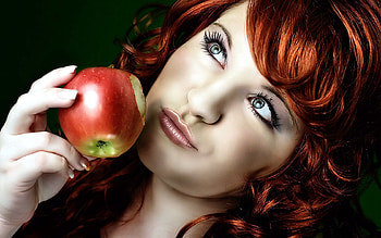Forbbiden Fruit, girl, beautiful, nice, woman, lady, fantasy, abstract, red, face, fruit, hair HD wallpaper