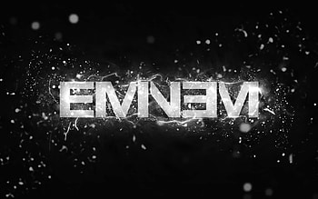 Eminem white logo, , american rapper, white neon lights, creative, black abstract background, Marshall Bruce Mathers III, Eminem logo, music stars, Eminem HD wallpaper
