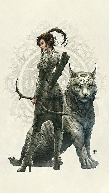 woman warrior, white tiger, elf, fantasy, archer HD phone wallpaper