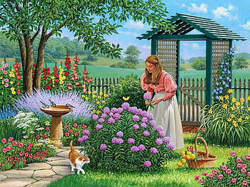 Garden of Delights, trees, girl, flowers, well, painting HD wallpaper