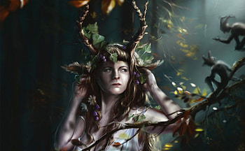 Spirit of the forest, horns, girl, tree, woman, fairy, purple, pink, spirit, fantasy, fawn, flower, green, leaf, forest HD wallpaper