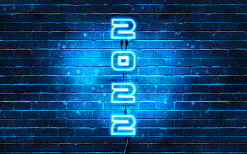 2022 on blue background, vertical text, Happy New Year 2022, blue brickwall, 2022 concepts, wires, 2022 new year, 2022 blue neon digits, 2022 year digits HD wallpaper