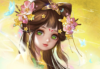 Cute girl, yanmin ji, pink, art, yellow, cute, face, fantast, girl, flower HD wallpaper