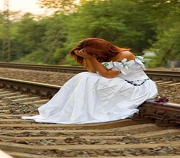 Sadness, white dress, railway tracks, crying, alone, red hair, woman HD wallpaper