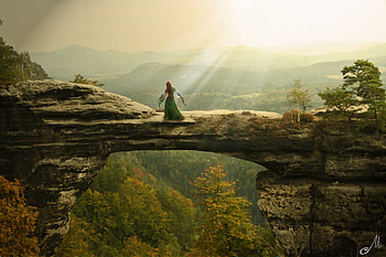 dom by MoffyCoffe, fantasy, bridge, girl, forest, sunrise, tree HD wallpaper