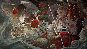 Royal talisman, art, red, lunamoom, fantasy, girl HD wallpaper