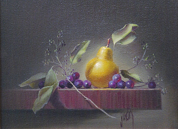 Pretty Pear, shelf, grapes, purple, pear, leaves, vine, yellow, autumn, display HD wallpaper