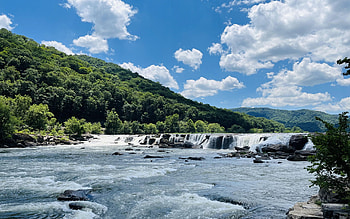 Sandstone Falls, West Virginia, river, hills, clouds, trees, landscape, sky, rocks, usa HD wallpaper
