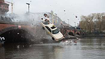Car off bridge-unknown movie, other, people, car, lake HD wallpaper