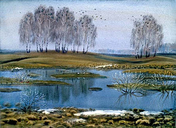 Г.Травников. Чибис прилетел., painting, art, nature, tree, pond HD wallpaper