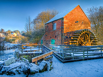 Mill in winter, river, winter, frozen, countriside, mill, bright day, blue sky, snow, nature, sky, water HD wallpaper