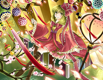 Anime Girl, cute, girl, dress, tree, pink, anime, petals, green, blossom HD wallpaper