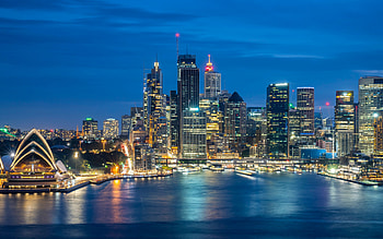 Sydney, evening, sunset, Port Jackson Bay, Sydney Opera House, Sydney panorama, Sydney cityscape, Citigroup Center, Deutsche Bank Place, Australia HD wallpaper