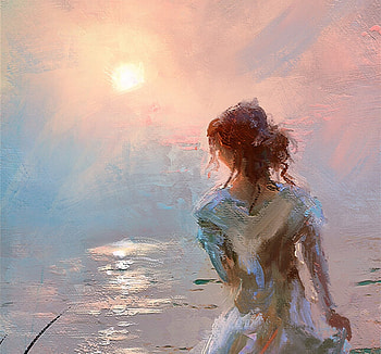 Alone, art, fantasy, girl, joseph feely, water, beach, sunset, sea, summer, vara HD wallpaper