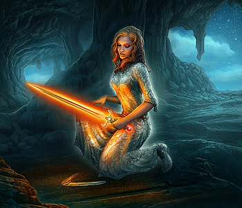 magic sword, night, sword, abstract, moonlight, fantasy, , cave, girl HD wallpaper