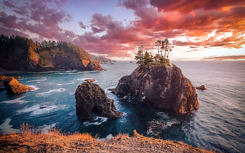 rocks in the ocean, coast, ocean, evening, sunset, mountain landscape, Pacific Ocean, California, USA HD wallpaper