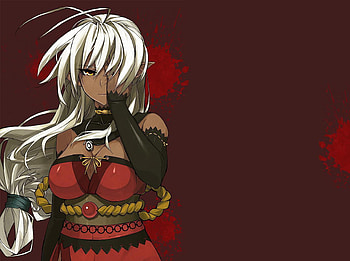 Sandaime Muramasa, yellow eyes, soukou akki muramasa, cute, girl, long hair, maroon background, anime girl, lone, anime, white hair, waistband, pointy ears, solo, female HD wallpaper