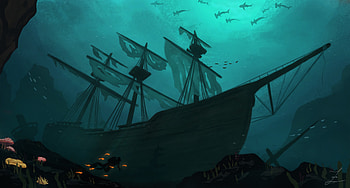 Art, Diver, Ship, Fish, Under Water, Underwater HD wallpaper