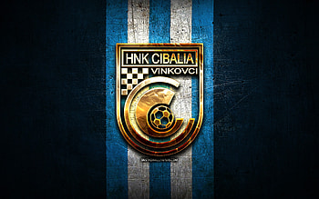 Cibalia FC, golden logo, HNL, blue metal background, football, croatian football club, HNK Cibalia logo, soccer, HNK Cibalia HD wallpaper