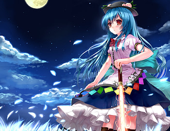 hinanawi tenshi, sword, clouds, touhou, blue hair HD wallpaper