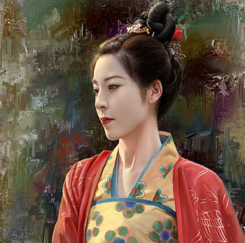 Asian girl, face, kunlin lee, girl, kunlin kee, kimono, frumusete, asian, art, fantasy, yellow, luminos HD wallpaper
