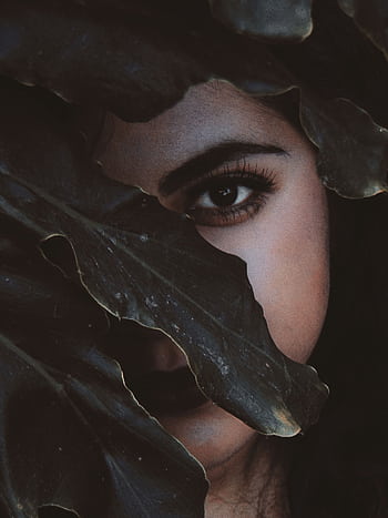 A woman's eye peers through lush dark leaves, creating a mysterious and captivating atmosphere. HD phone wallpaper