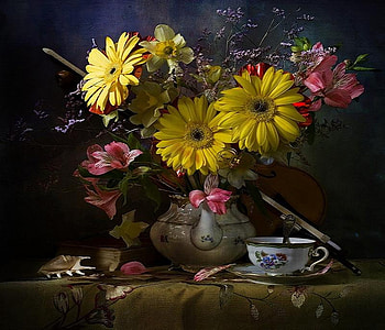 Music and beauty, shell, daisy, vase, beautiful, flowers, cup, violin HD wallpaper