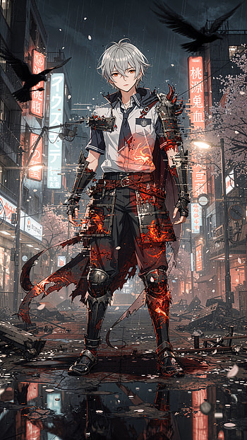 — Neon Ember Ronin, anime boy, armor, cyberpunk HD phone wallpaper