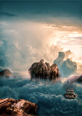 hop, rocks, cliff, ship, clouds, fantasy, art HD phone wallpaper
