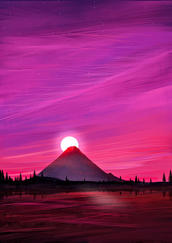Landscape, Sunset, Art, Sun, Volcano HD phone wallpaper
