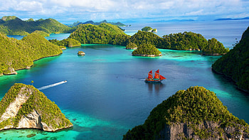 Indonesian Lagoon, tropical, sea, sailship, clouds, trees, sky, rocks HD wallpaper