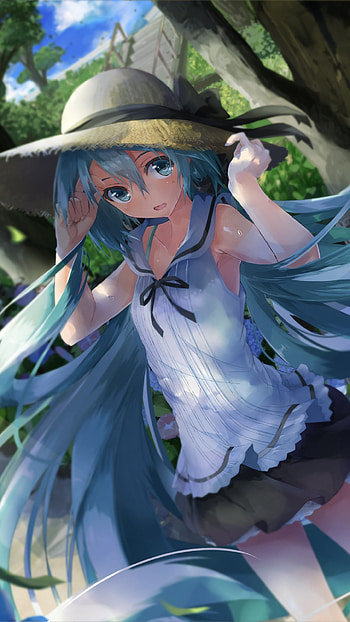 hat, long hair, Hatsune Miku, Anime, Vocaloid HD phone wallpaper