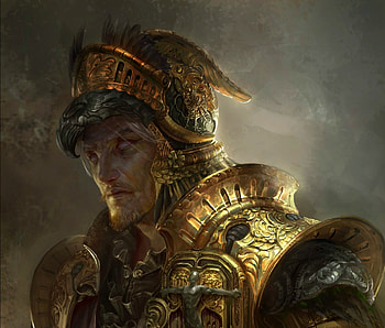 Blind king, golden, robin ruan, art, man, armor, fantasy, portrait, helmet, luminos HD wallpaper