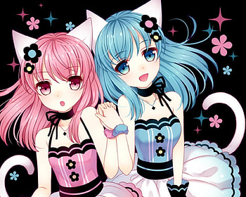 Pink n Blue, nekomimi, black, cute, floral, red eyes, long hair, dress, beauty, flower, happy, female, blossom, sweet, blue eyes, neko mimi, smile, gorgeous, blue hair, girl, beautiful, pink hair, tail, dark, kawaii, anime girl, elegant, neko, anime, pretty, gown, lovely HD wallpaper