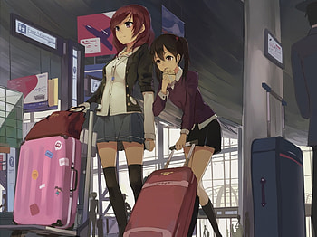 Bordeaux, long hair, nice, airport, lady, luggage, eat, maiden, short hair, bread, female, travel, sweet, scene, bag, girl, food, trolly, anime girl, anime, pretty, lovely HD wallpaper