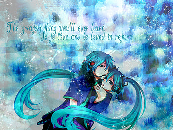 Hatsune Miku & Hatsune Mikuo, blue, colorful, black, awesome, hatsune mikuo, heads, uniform, love message, beauty, nice, miku, abstract, hatsune, skirt, text, blue eyes, hatsune miku, twintail, blue hair, headset, lovers, beautiful, anime, pretty, mikuo, love, cool HD wallpaper