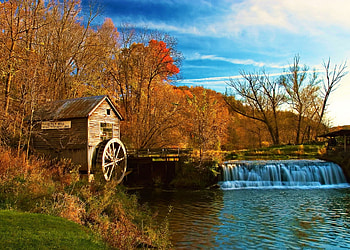 Watermill, trees, river, sky, water mill HD wallpaper