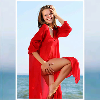 blonde, red, dress, legs, beach HD wallpaper